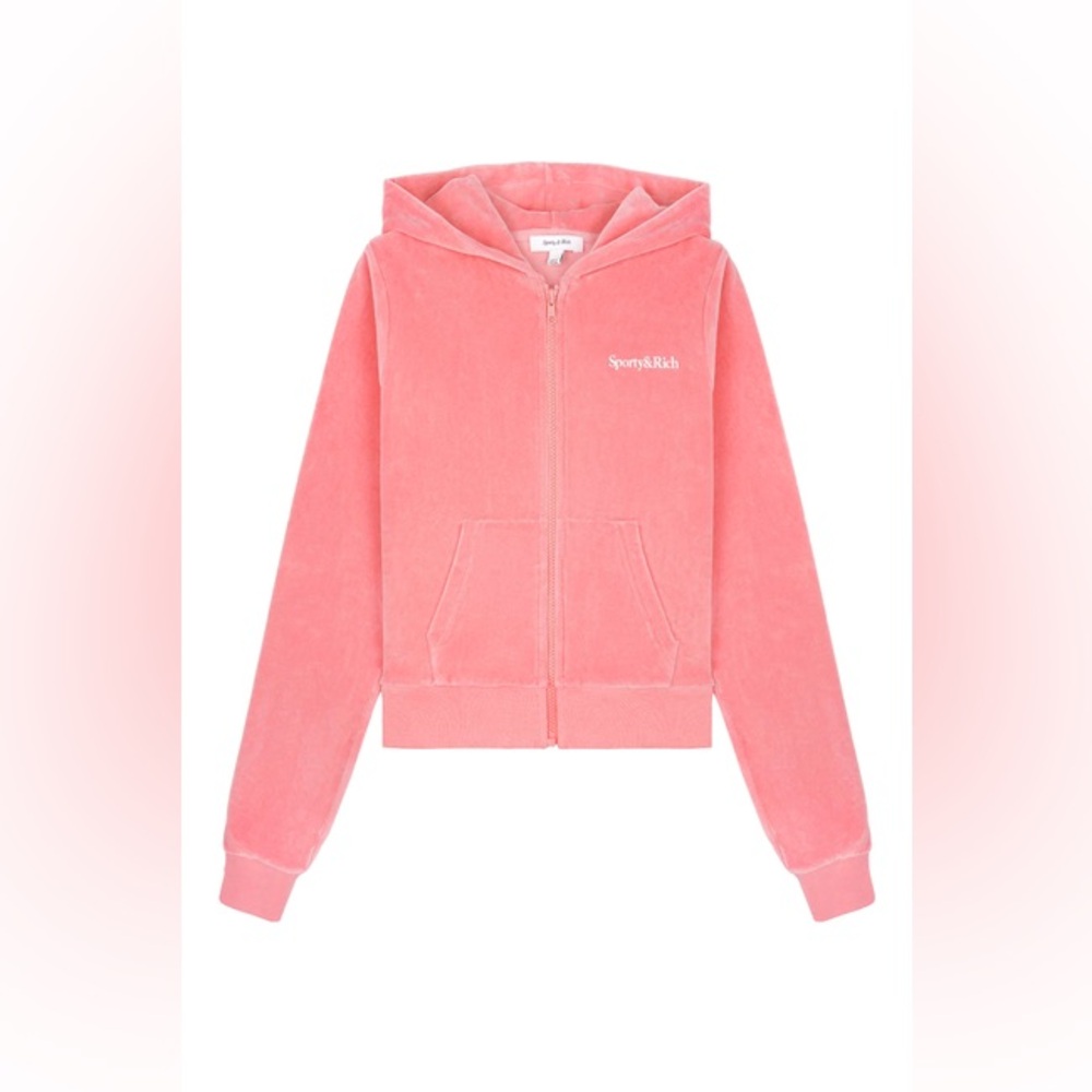 Sporty & Rich Sporty HEALTH CROP  VELOUR ZIP-UP HOODIE IN COTTON CANDY size S - Picture 2 of 8